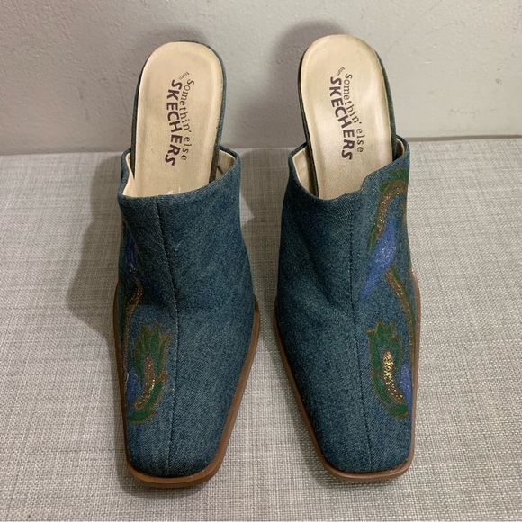 Women’s VINTAGE 90’s Y2K Blue DENIM High Heel GLITTER Painted MULES Shoes  7 - Picture 4 of 5
